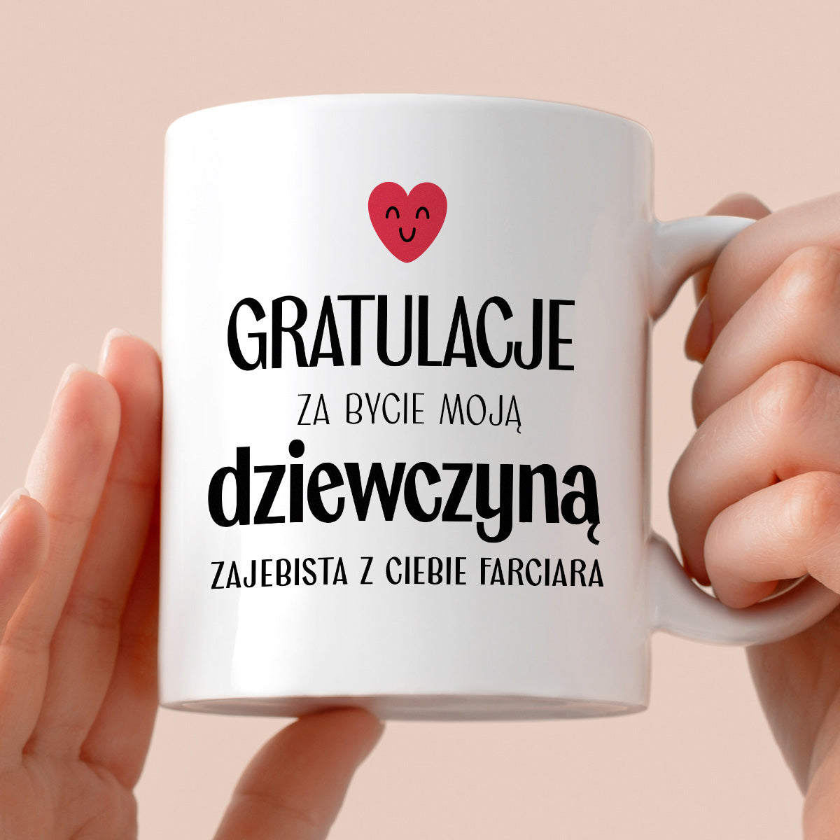 Kubek z nadrukiem "Gratulacje za bycie moją dziewczyną - zajebista z Ciebie farciara" - WALENTYNKI