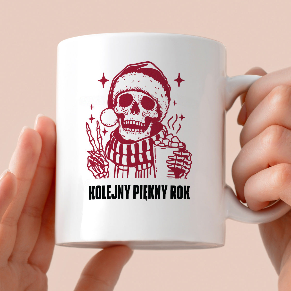 Kubek świąteczny z kościotrupem z gorącą czekoladą w ręku "Kolejny piękny rok"