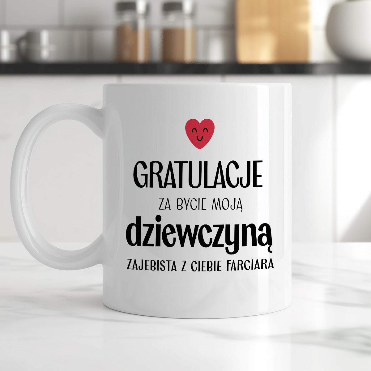 Kubek z nadrukiem "Gratulacje za bycie moją dziewczyną - zajebista z Ciebie farciara" - WALENTYNKI