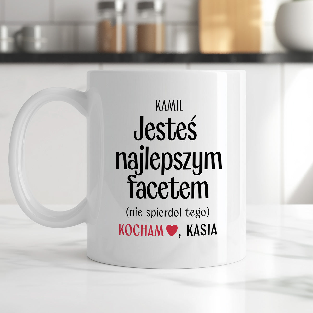 Kubek spersonalizowany z nadrukiem "Jesteś najlepszym facetem (nie spierdol tego)" [2 imiona] - WALENTYNKI