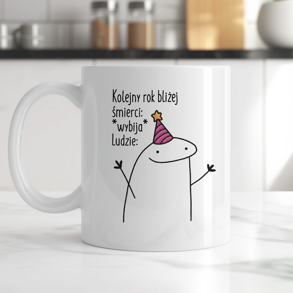 Kubek z nadrukiem "Kolejny rok bliżej śmierci: *wybija* Ludzie:"