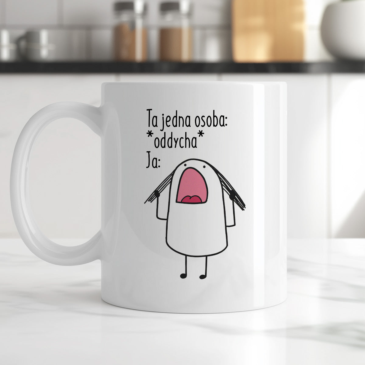 Kubek z nadrukiem "Ta jedna osoba:  *oddycha* Ja:"