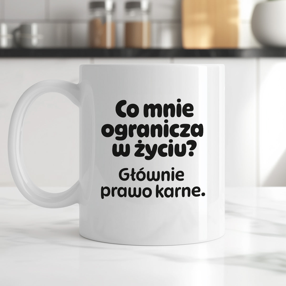 Kubek z nadrukiem - "Co mnie ogranicza? Głownie prawo karne."