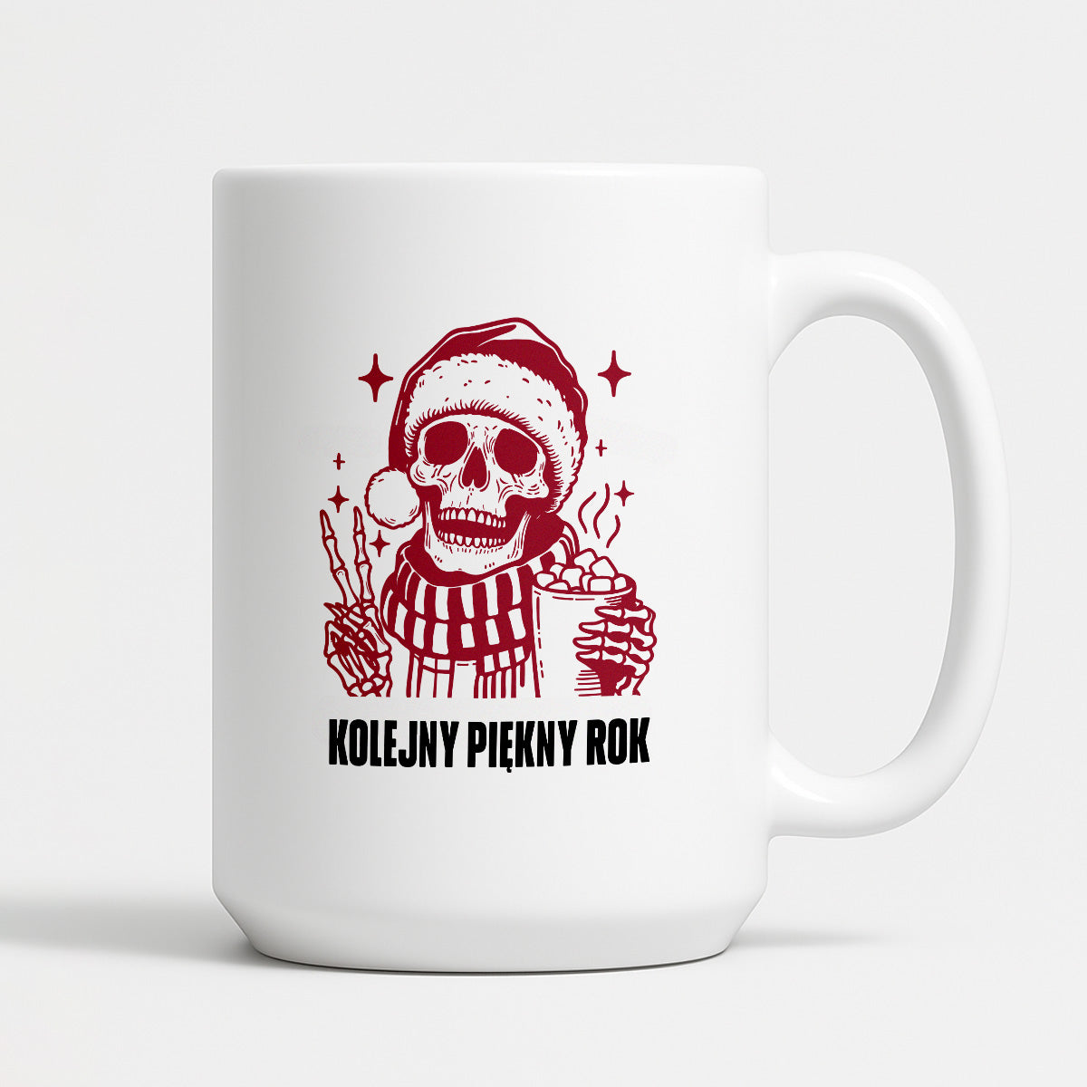 Kubek świąteczny z kościotrupem z gorącą czekoladą w ręku "Kolejny piękny rok"