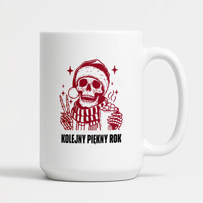Kubek świąteczny z kościotrupem z gorącą czekoladą w ręku "Kolejny piękny rok"