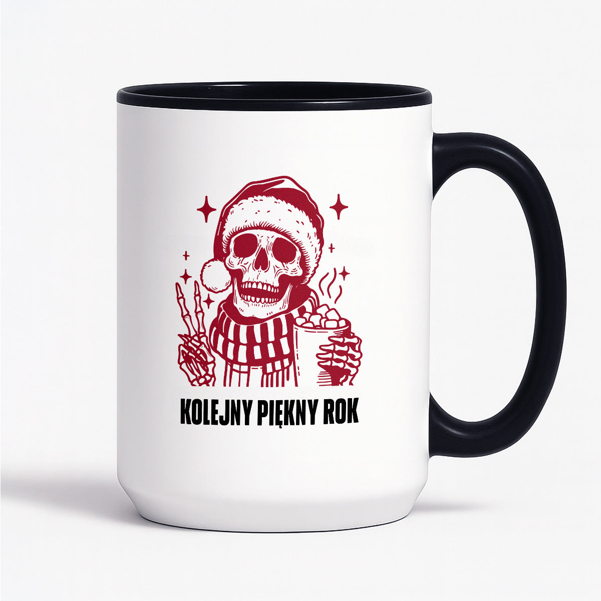 Kubek świąteczny z kościotrupem z gorącą czekoladą w ręku "Kolejny piękny rok"