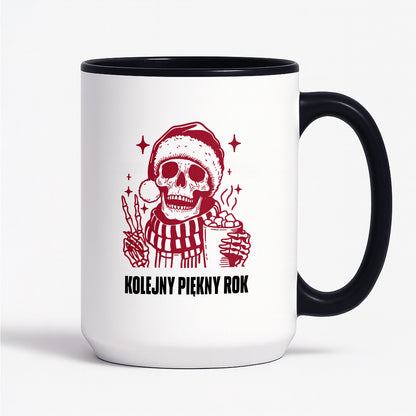 Kubek świąteczny z kościotrupem z gorącą czekoladą w ręku "Kolejny piękny rok"