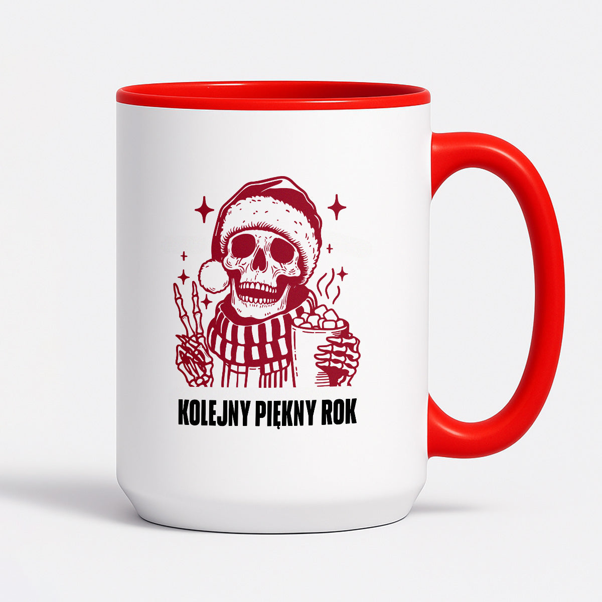 Kubek świąteczny z kościotrupem z gorącą czekoladą w ręku "Kolejny piękny rok"