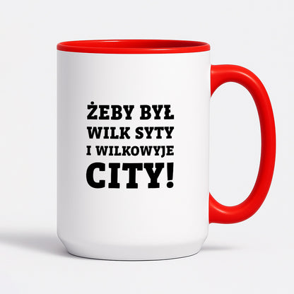 Kubek z nadrukiem - "Żeby był wilk syty i Wilkowyje City"