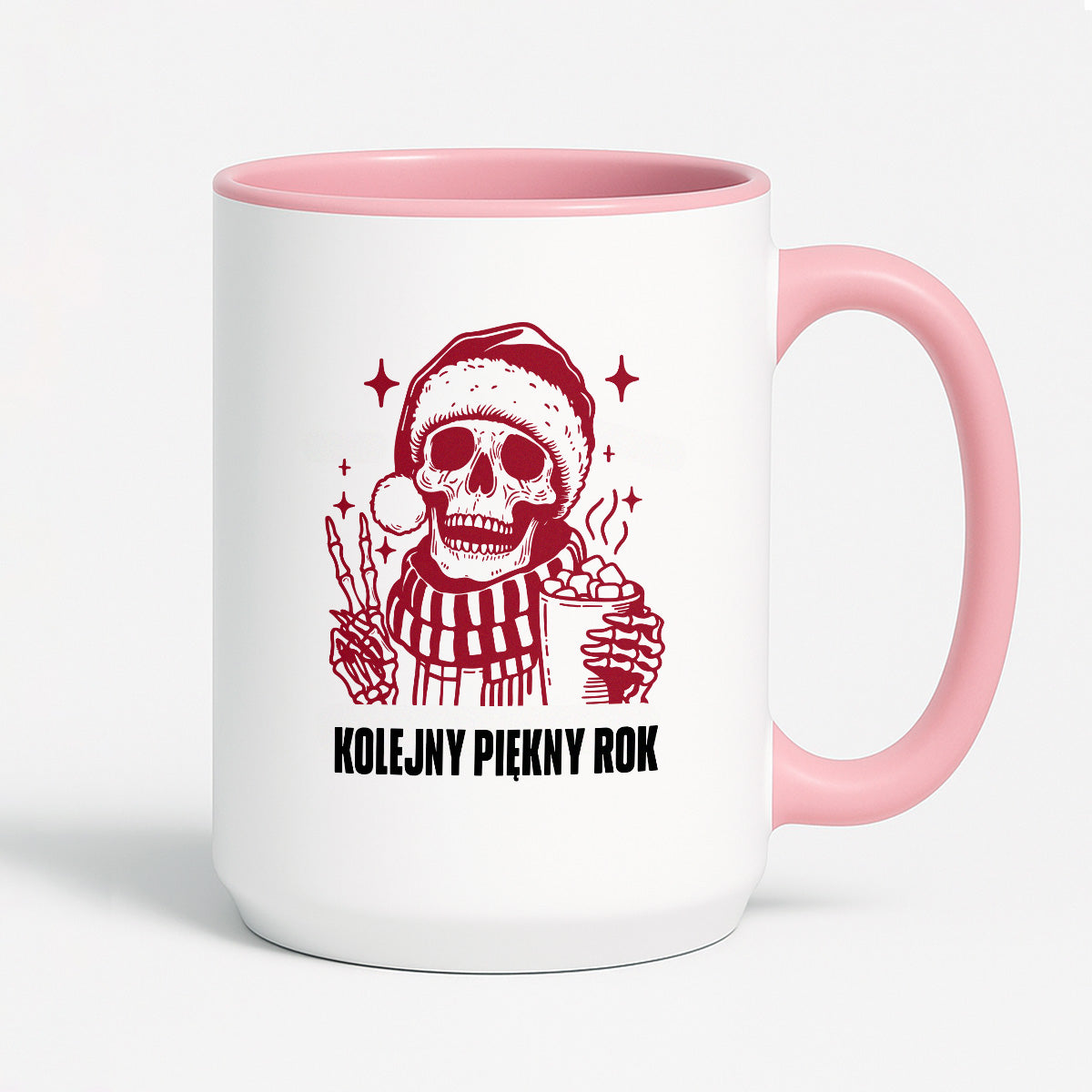 Kubek świąteczny z kościotrupem z gorącą czekoladą w ręku "Kolejny piękny rok"