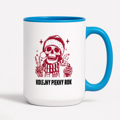 Kubek świąteczny z kościotrupem z gorącą czekoladą w ręku "Kolejny piękny rok"