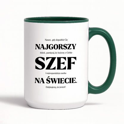 Kubek z nadrukiem - "NAJGORSZY SZEF NA ŚWIECIE (ale jednak nie 🥰)"