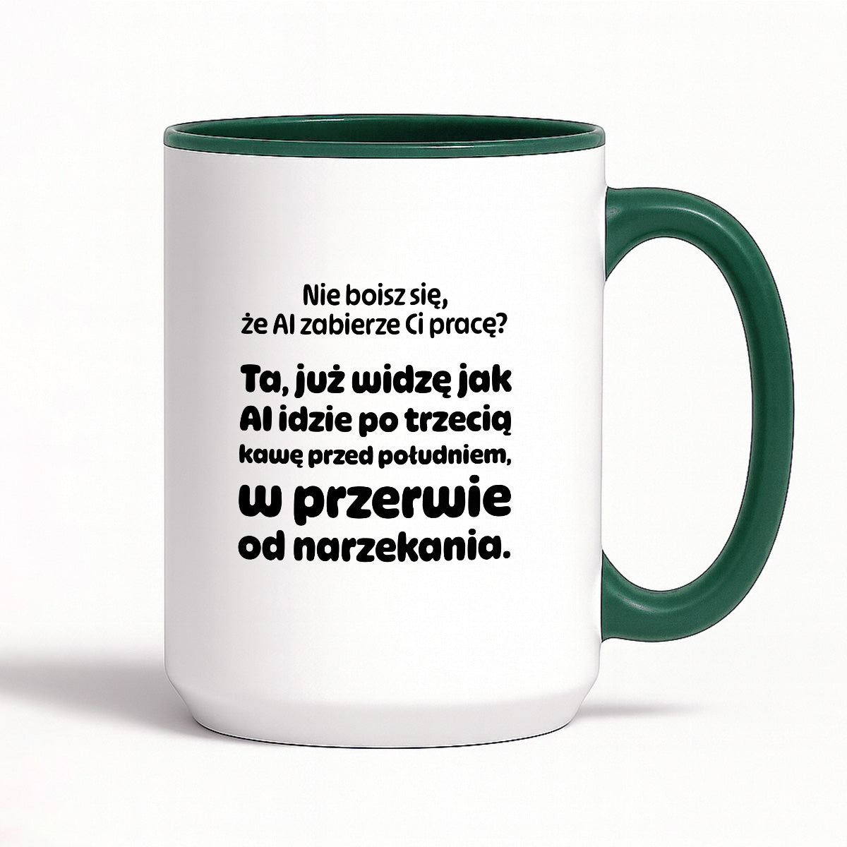Kubek z nadrukiem - "Nie boisz się, że AI zabierze Ci pracę?"