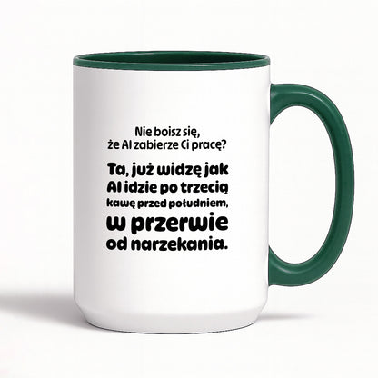 Kubek z nadrukiem - "Nie boisz się, że AI zabierze Ci pracę?"