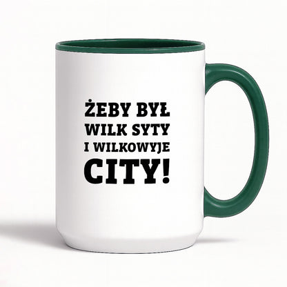 Kubek z nadrukiem - "Żeby był wilk syty i Wilkowyje City"