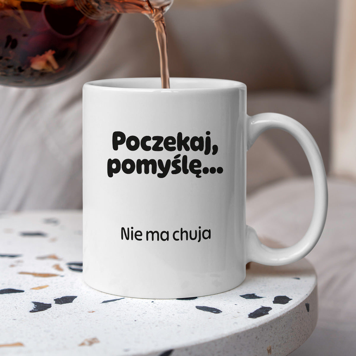Kubek z nadrukiem - "Poczekaj pomyślę... Nie ma chuja"