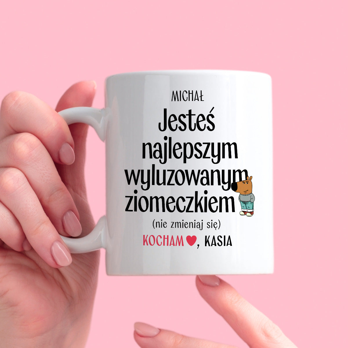 Kubek spersonalizowany z nadrukiem "Jesteś najlepszym wyluzowanym ziomeczkiem (nie zmieniaj się)" [2 imiona] - WALENTYNKI