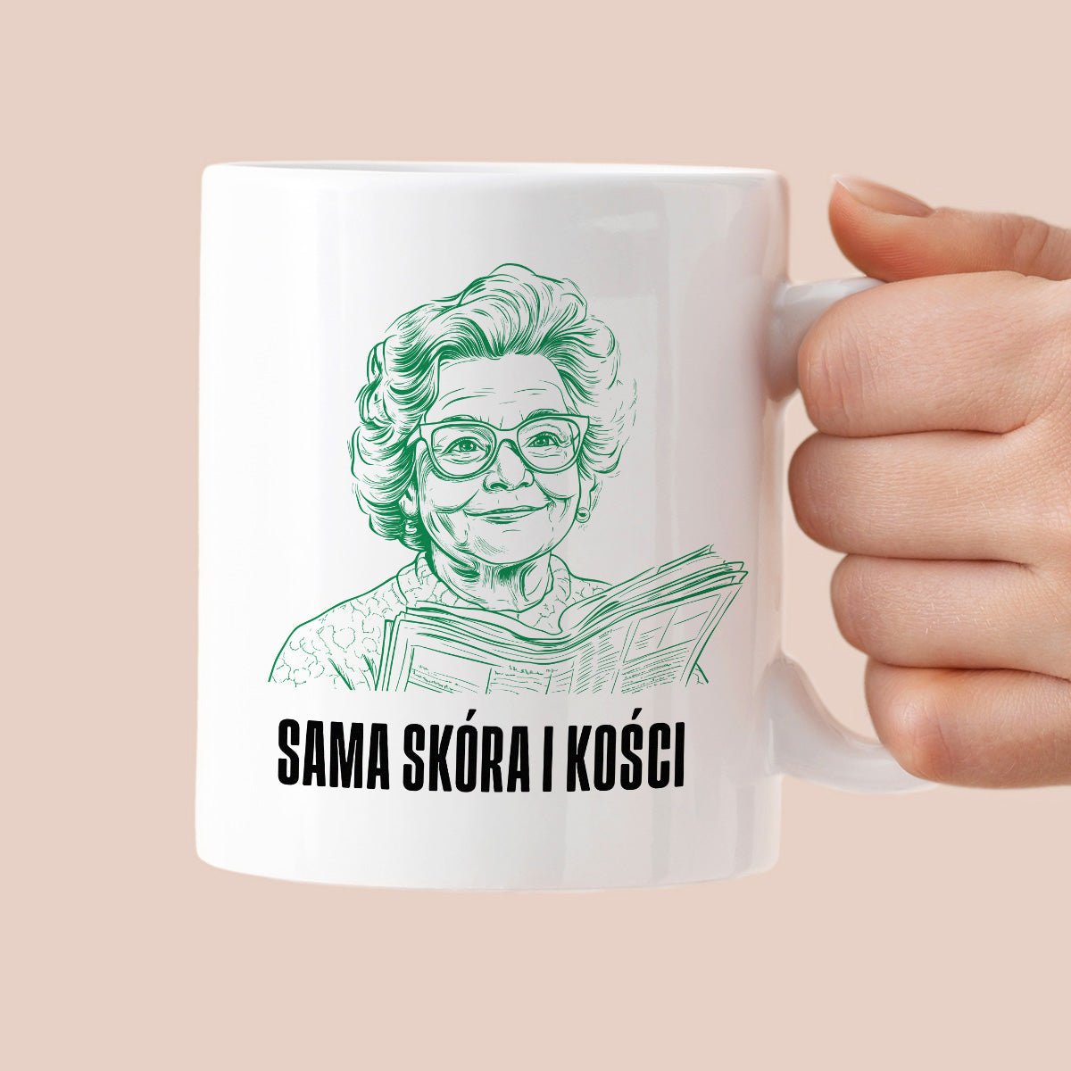 Kubek z cytatem Babci "Sama skóra i kości"