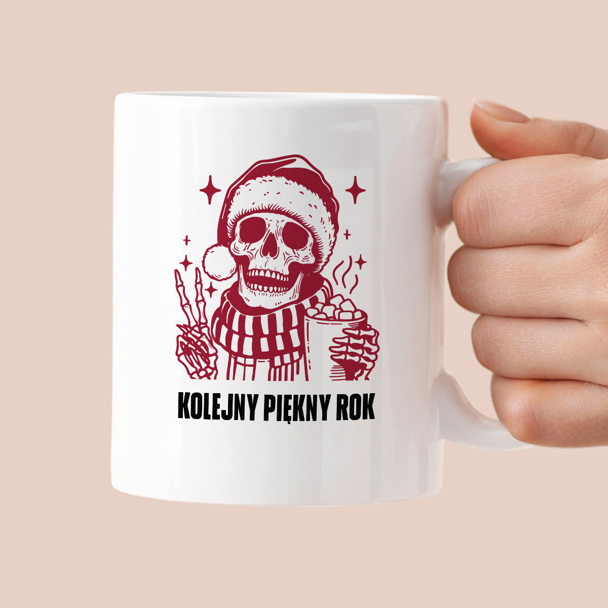 Kubek świąteczny z kościotrupem z gorącą czekoladą w ręku "Kolejny piękny rok"