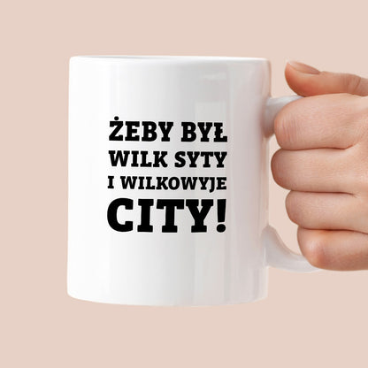 Kubek z nadrukiem - "Żeby był wilk syty i Wilkowyje City"