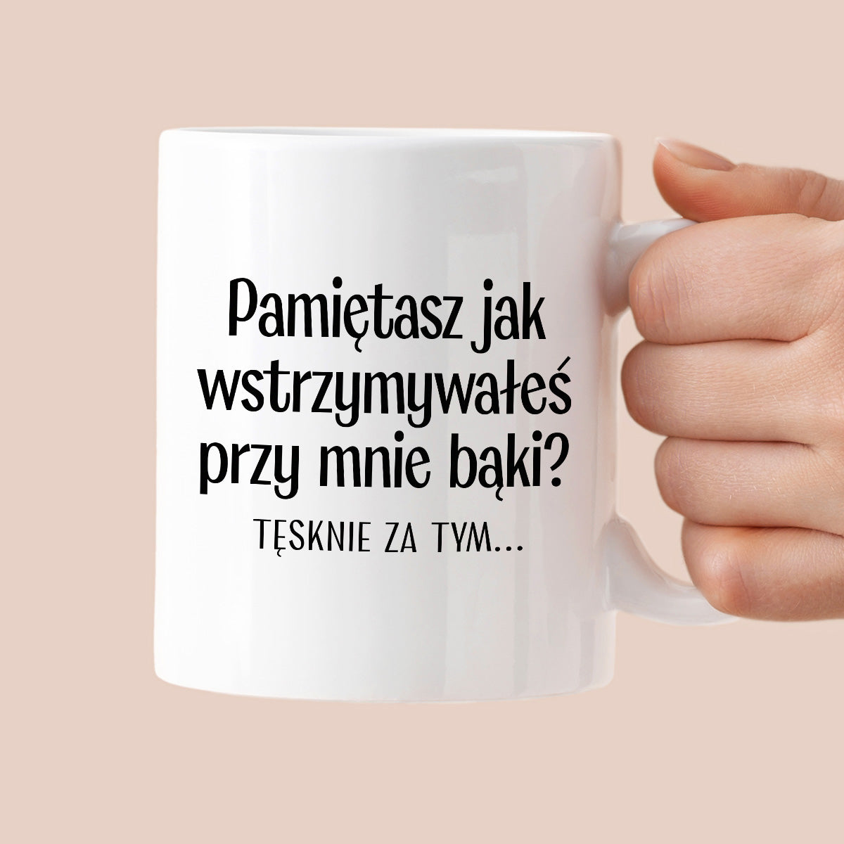 Kubek z nadrukiem "Pamiętasz jak wstrzymywałeś przy mnie bąki? Tęsknie za tym..." - WALENTYNKI