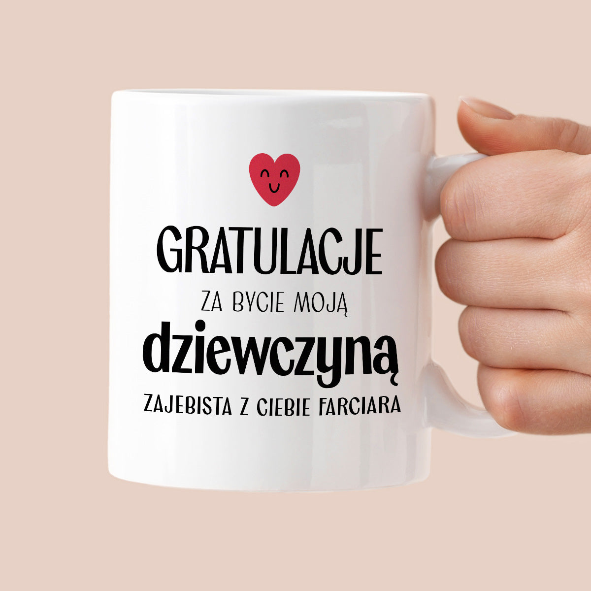 Kubek z nadrukiem "Gratulacje za bycie moją dziewczyną - zajebista z Ciebie farciara" - WALENTYNKI