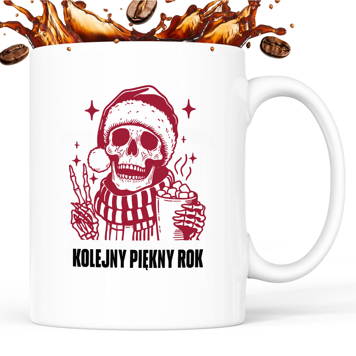 Kubek świąteczny z kościotrupem z gorącą czekoladą w ręku "Kolejny piękny rok"