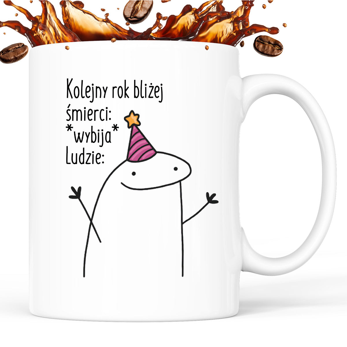 Kubek z nadrukiem "Kolejny rok bliżej śmierci: *wybija* Ludzie:"