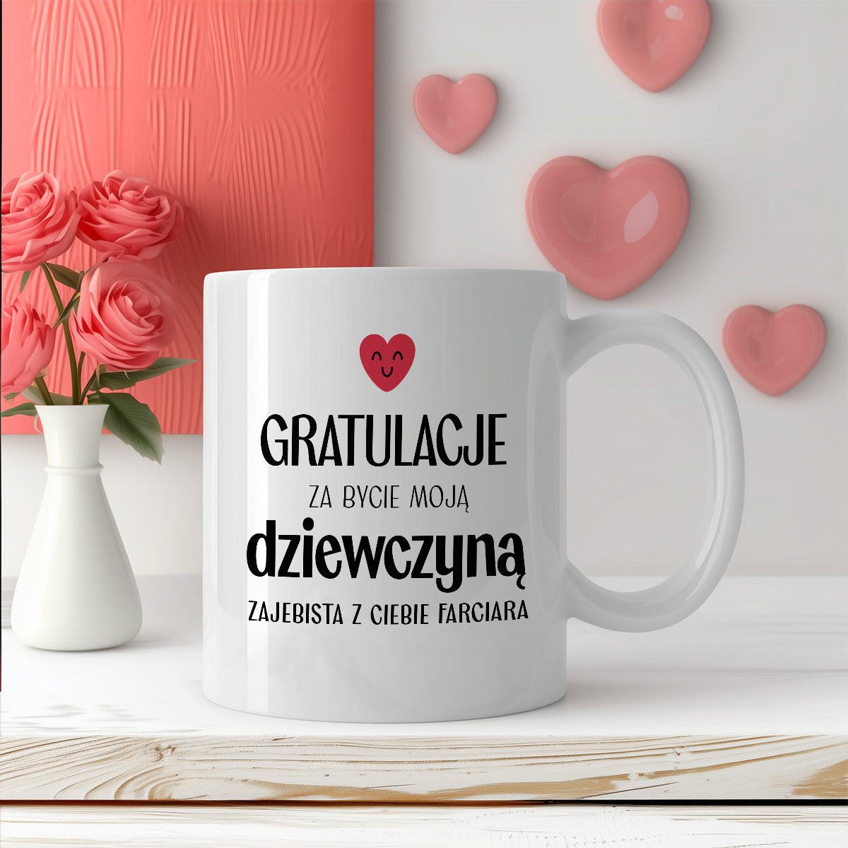 Kubek z nadrukiem "Gratulacje za bycie moją dziewczyną - zajebista z Ciebie farciara" - WALENTYNKI