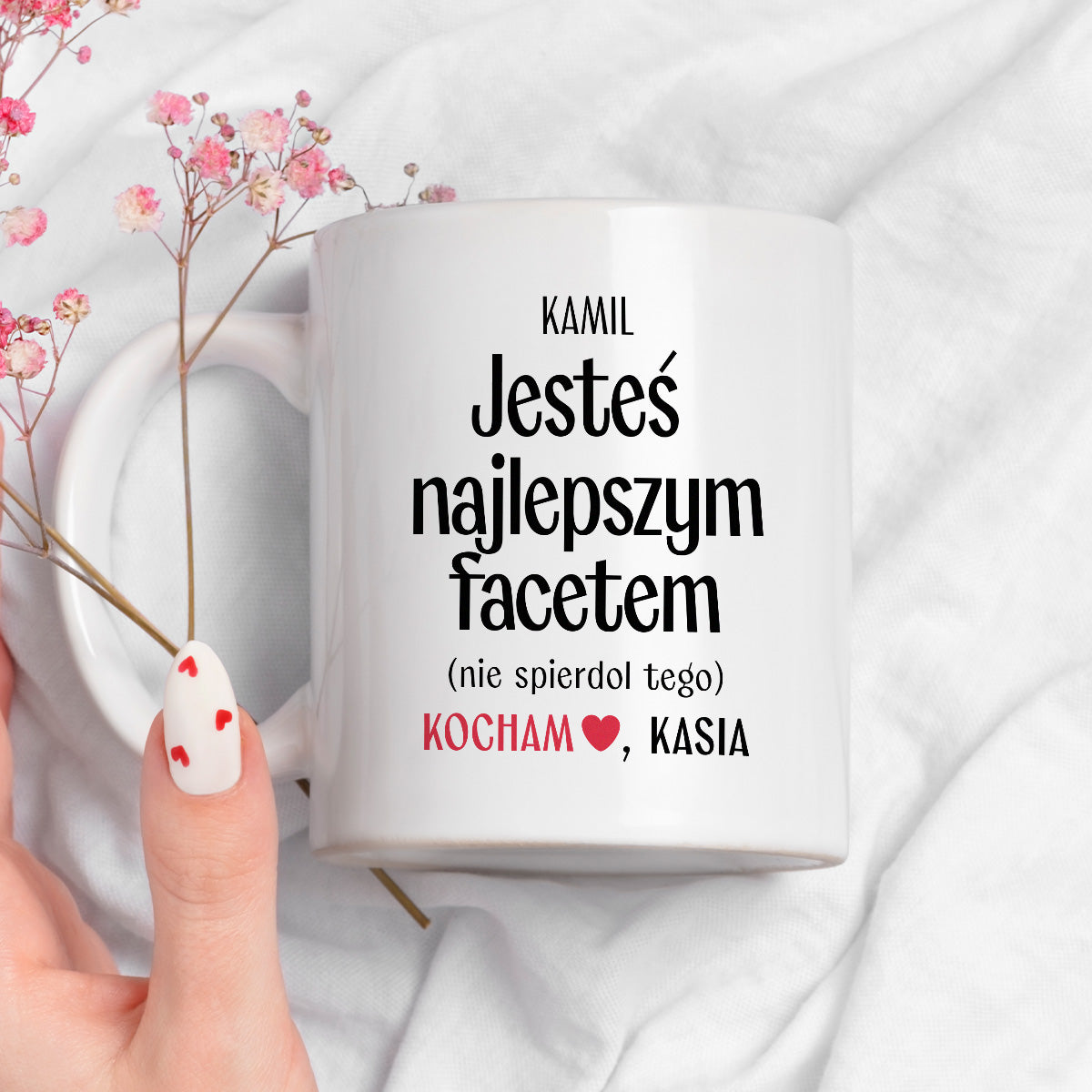 Kubek spersonalizowany z nadrukiem "Jesteś najlepszym facetem (nie spierdol tego)" [2 imiona] - WALENTYNKI