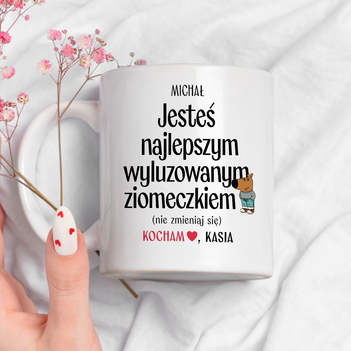 Kubek spersonalizowany z nadrukiem "Jesteś najlepszym wyluzowanym ziomeczkiem (nie zmieniaj się)" [2 imiona] - WALENTYNKI