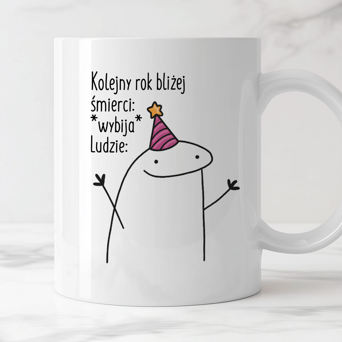 Kubek z nadrukiem "Kolejny rok bliżej śmierci: *wybija* Ludzie:"