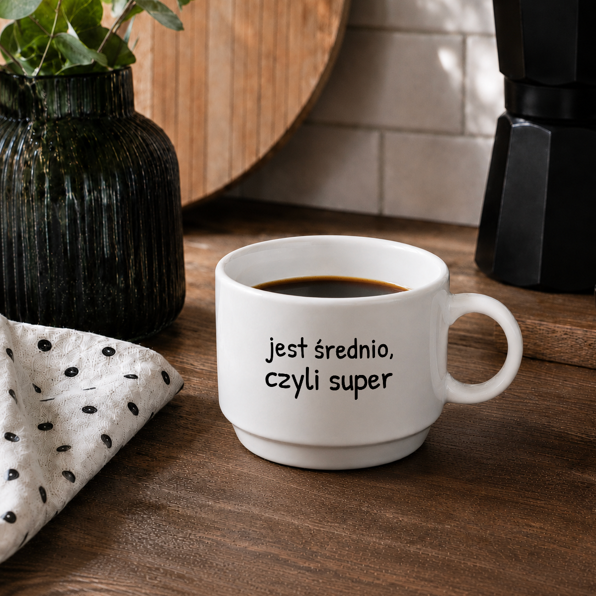 Filiżanka 250 ml z nadrukiem "jest średnio, czyli super"