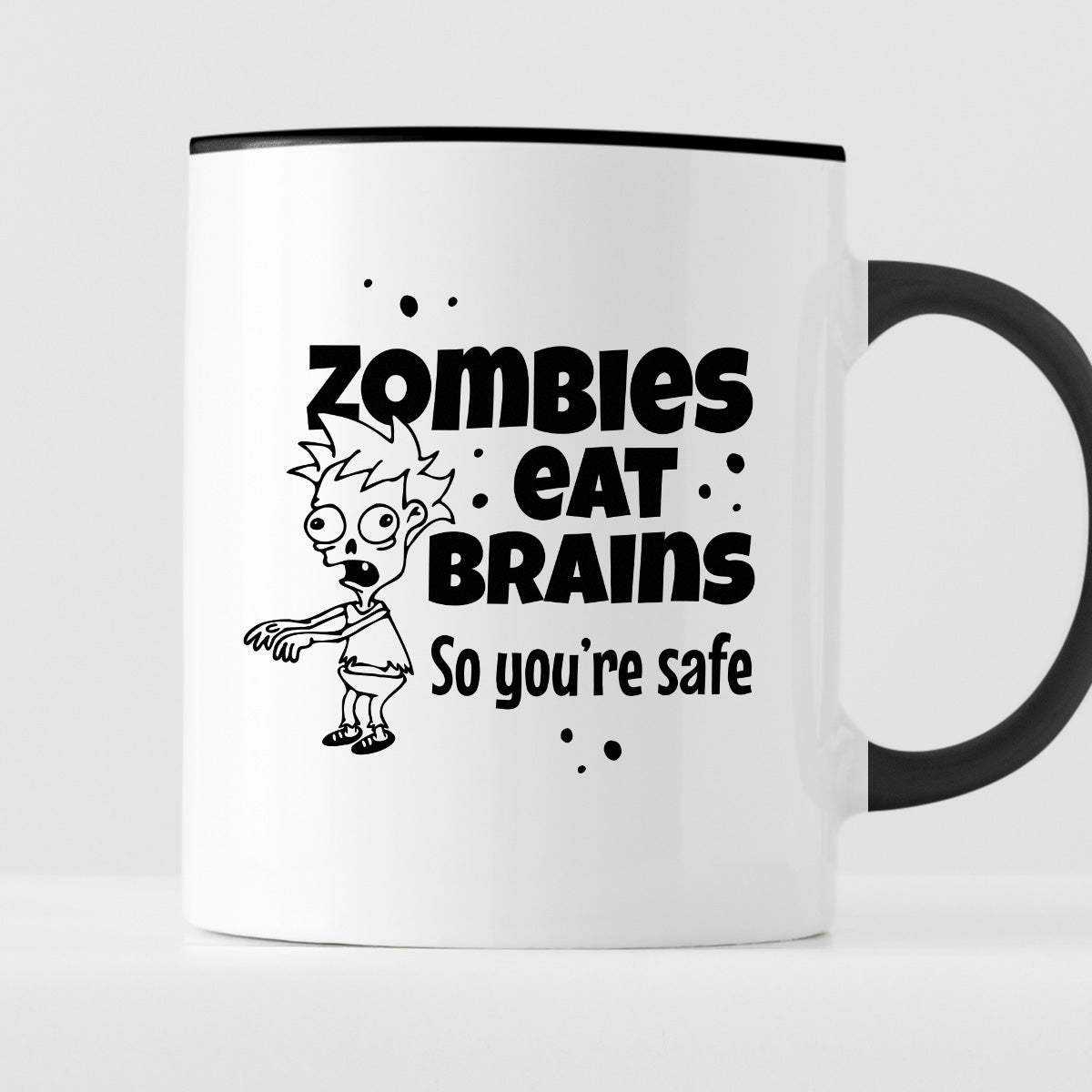 Kubek z nadrukiem "Zombies eat brains, so you’re safe"