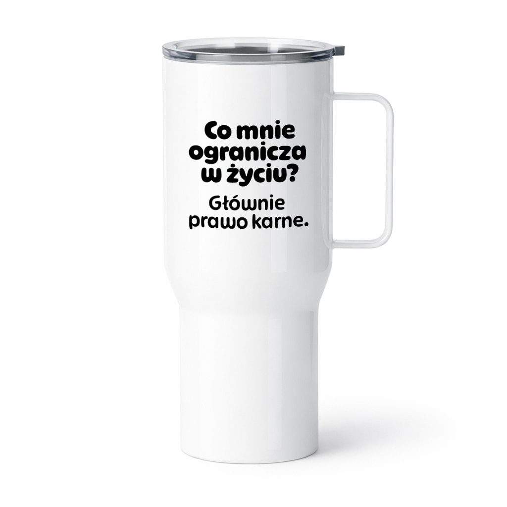 Kubek termiczny z nadrukiem "Co mnie ogranicza? Głównie prawo karne."
