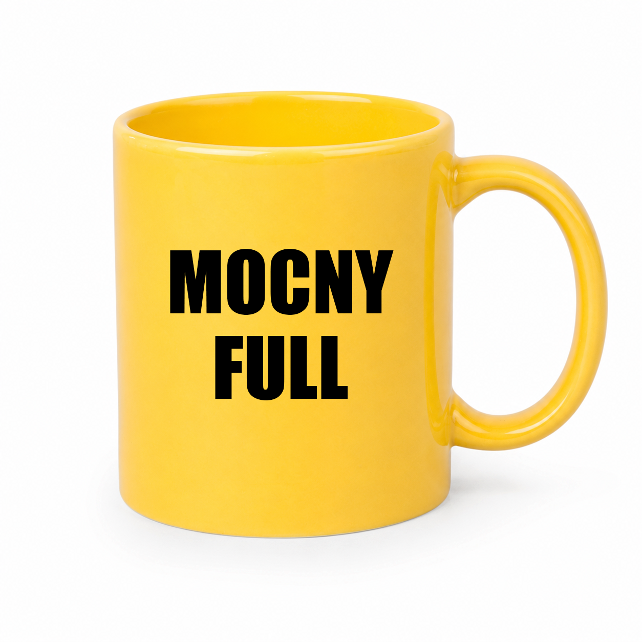 Żółty kubek z nadrukiem "MOCNY FULL" 330 ml (PRZEDSPRZEDAŻ)