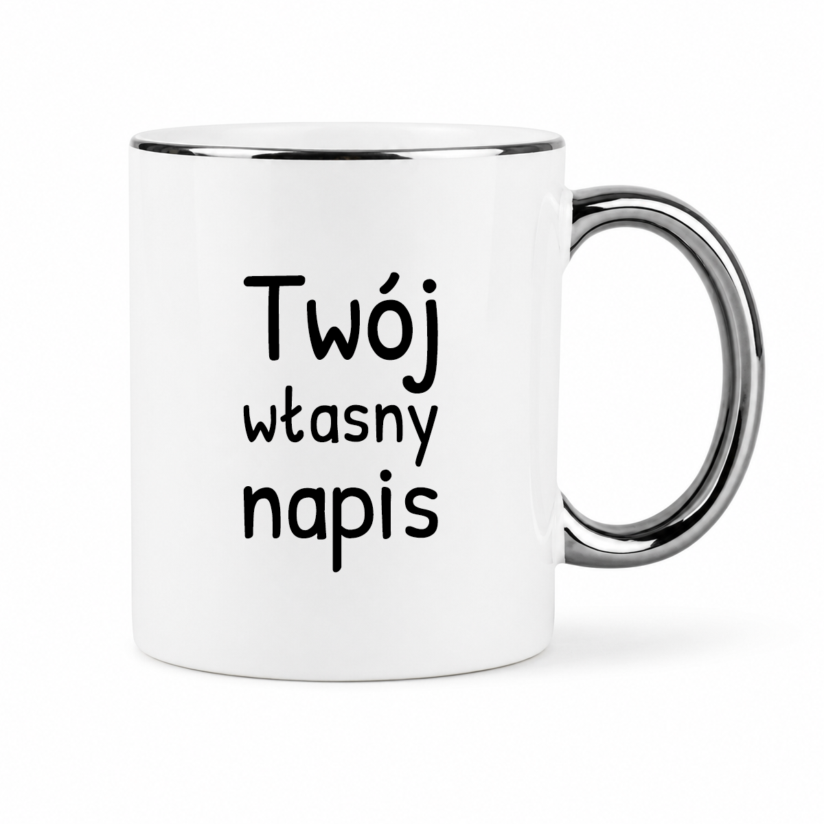 Kubek z własnym napisem BIAŁY ze SREBRNĄ obwódką i uchem