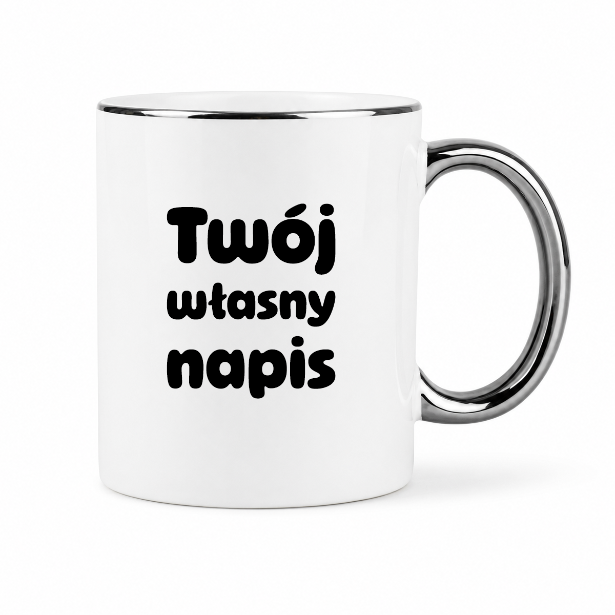 Kubek z własnym napisem BIAŁY ze SREBRNĄ obwódką i uchem