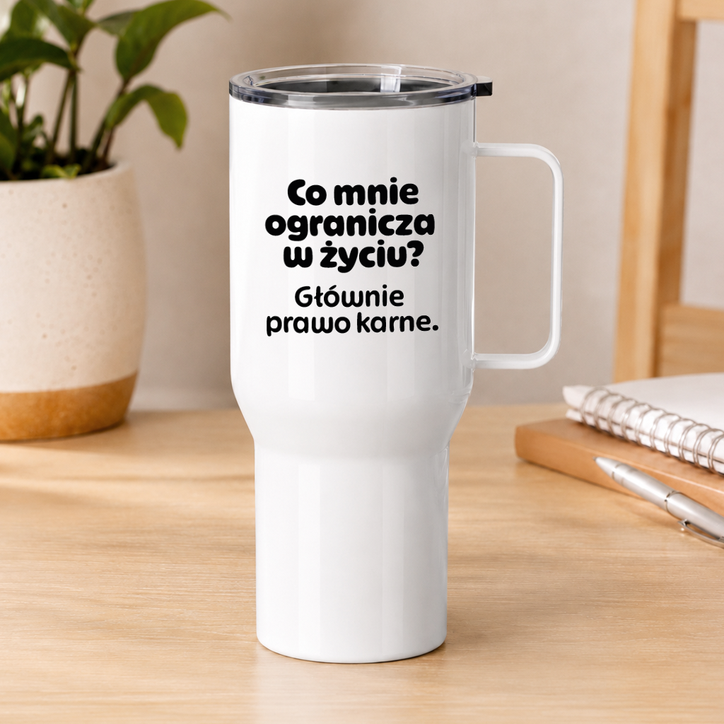 Kubek termiczny z nadrukiem "Co mnie ogranicza? Głównie prawo karne."