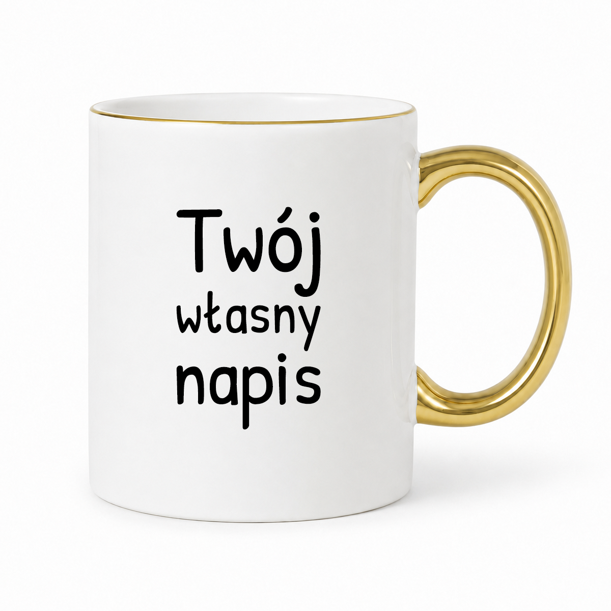 Kubek z własnym napisem BIAŁY ze ZŁOTĄ obwódką i uchem